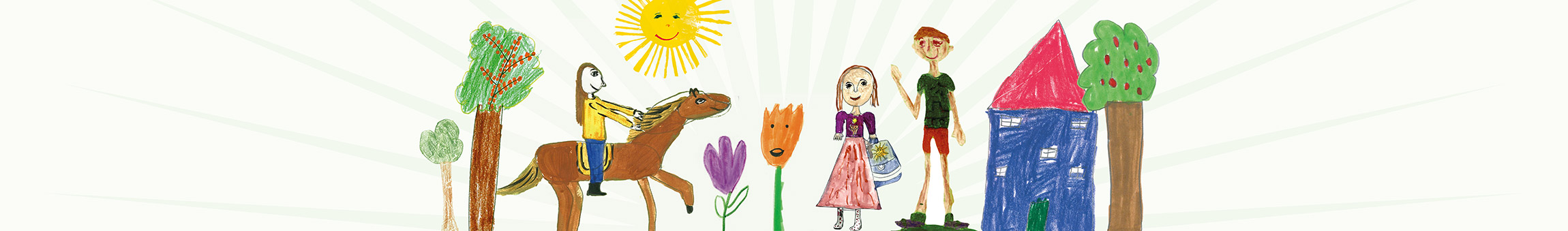 Kinderzeichnung mit Mädchen auf einem Pferd, Blumen, Haus und Kindern.