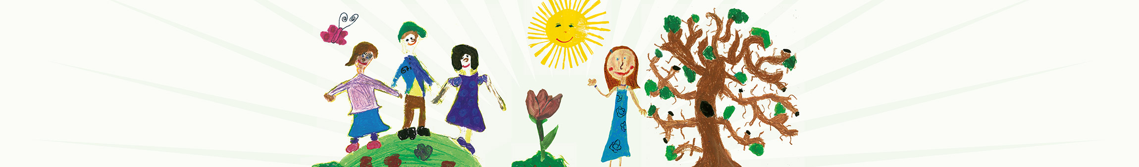Kinderzeichnung mit Kindern auf einer Weltkugel, Sonne und einem Baum.