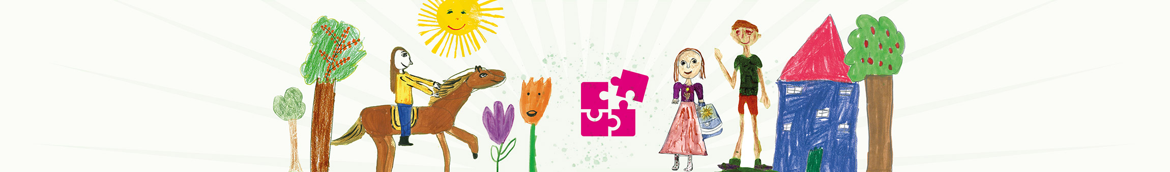 Kinderzeichnung mit einem Kind auf einem Pferd und Puzzleteile als Symbol.