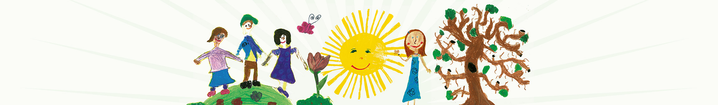 Kinderzeichnung mit Kindern auf einer Weltkugel, Sonne und einem Baum