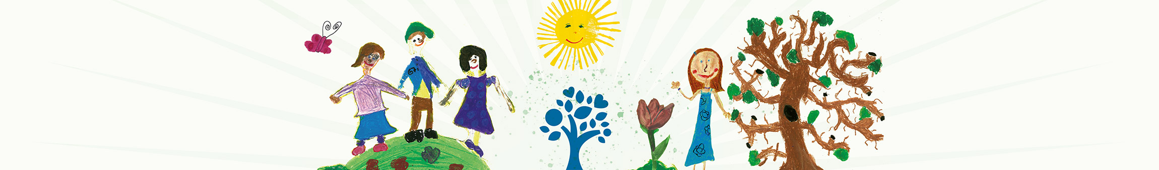 Kinderzeichnung mit Kindern, Sonne und einem Baum-Symbol.